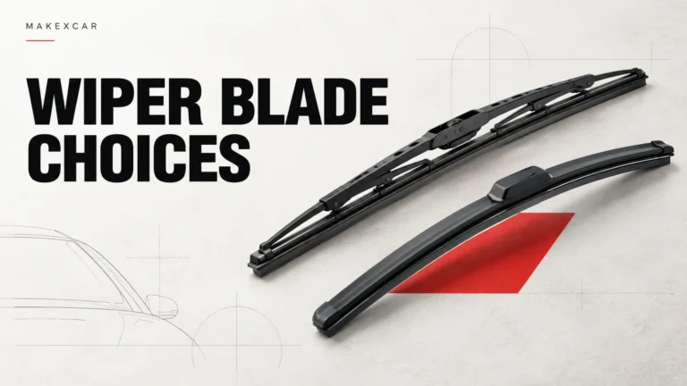 Conceptual editorial comparison of a conventional framed wiper blade and a curved beam blade beside the words Wiper Blade Choices.