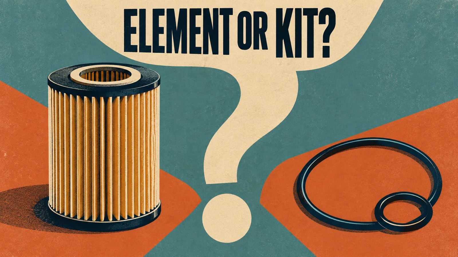 Vintage teal and rust screenprint of a cartridge filter and loose rings with the words Element or Kit?