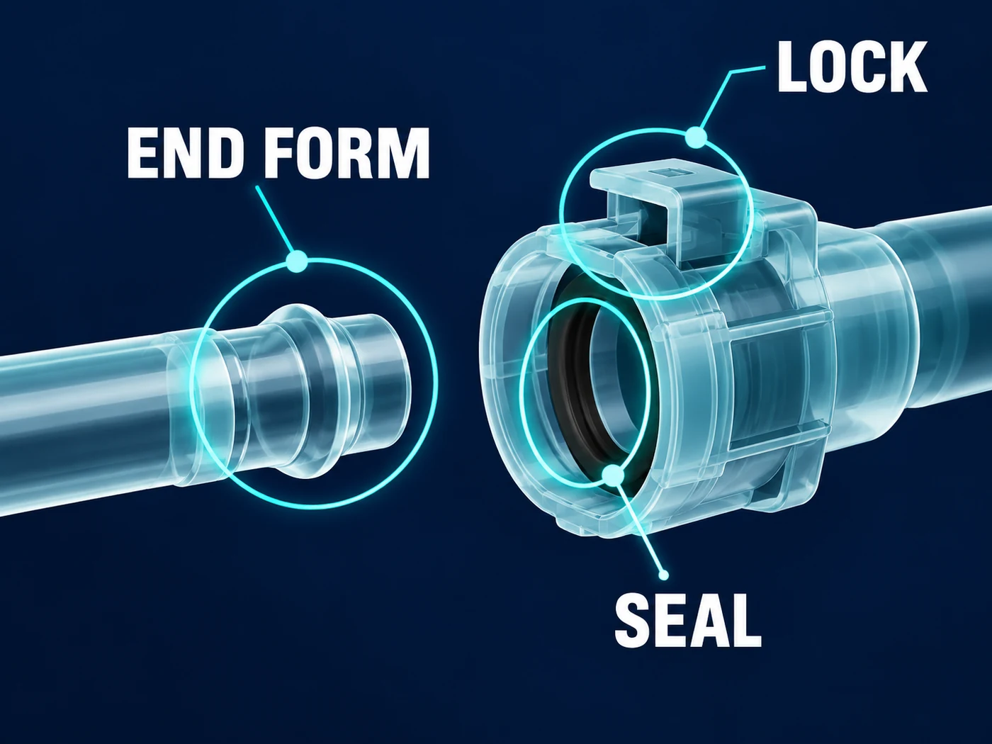 Abstract transparent quick connector model highlighting end form, lock and seal.