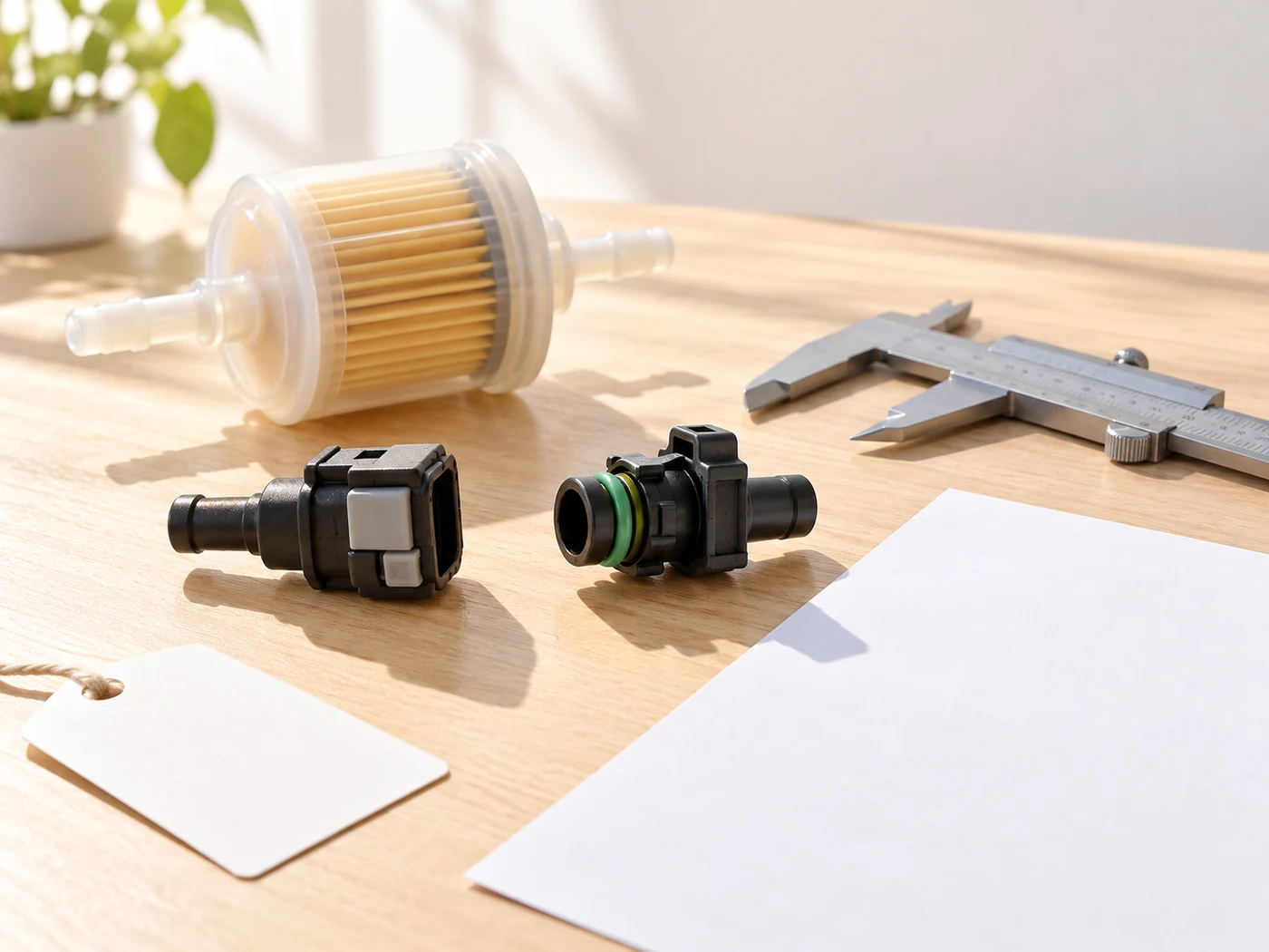 Unbranded fuel-filter and connector samples beside an unused caliper and blank documents.