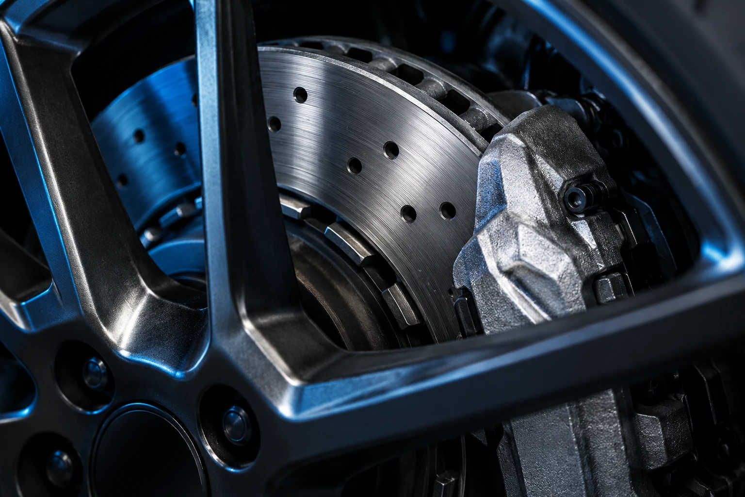 Illustrative close-up of an automotive brake rotor and caliper
