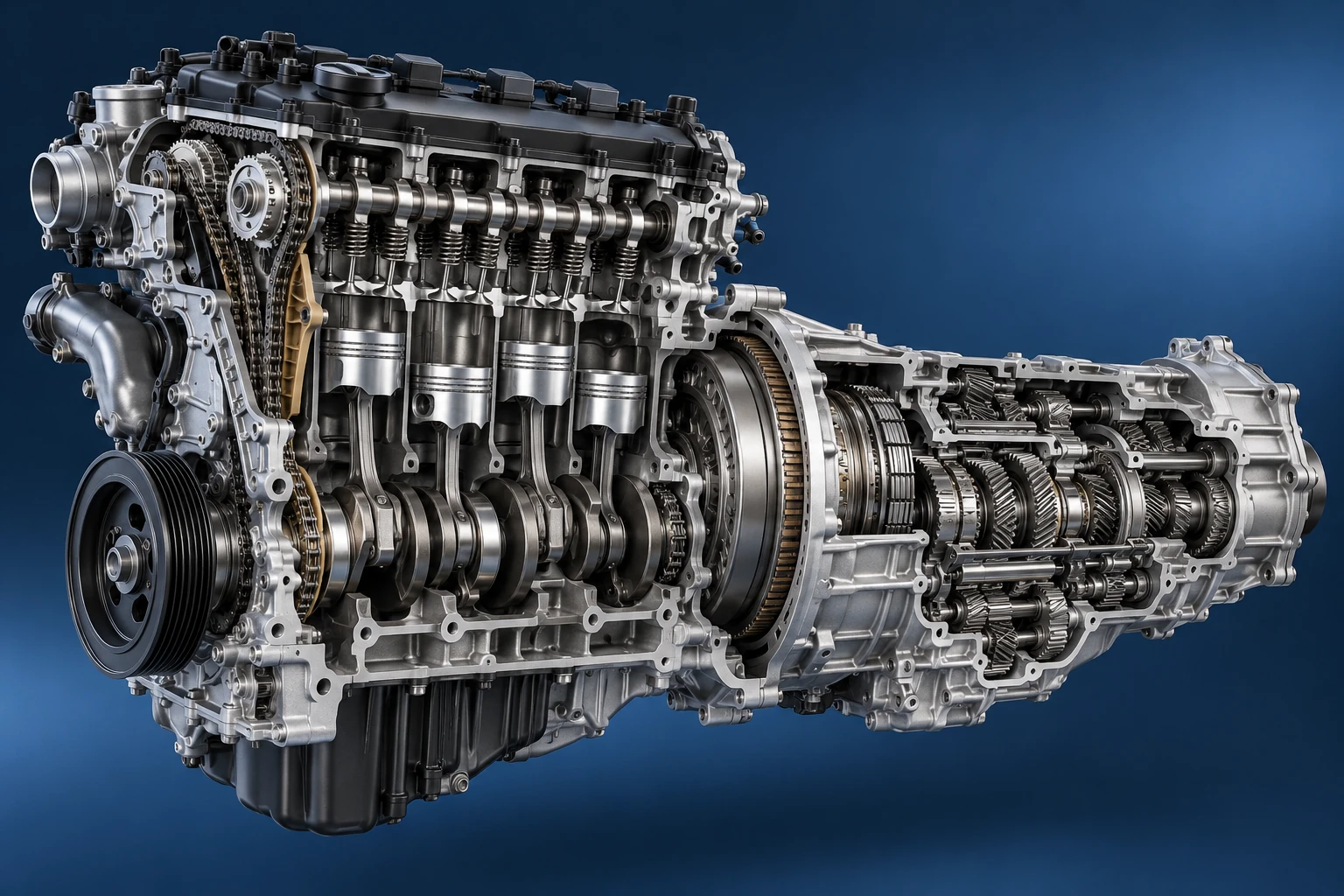 Illustration of a sectioned engine and transmission assembly