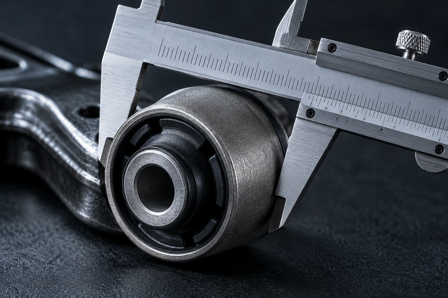 Illustrative close-up of a caliper measuring an automotive bushing