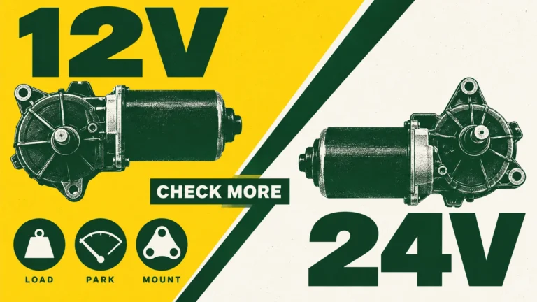 Sunflower-yellow and forest-green poster showing separate generic 12V and 24V wiper motors and Load, Park and Mount icons.