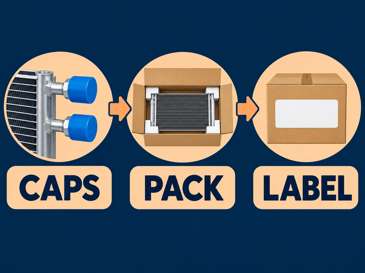 Generic capped condenser ports, protected box and blank identification label shown as receiving checkpoints