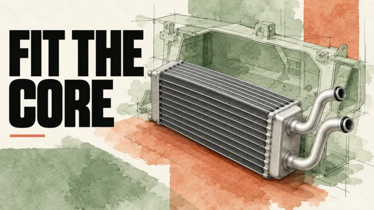 Sage and terracotta watercolor drawing of generic evaporator and HVAC case outline with FIT THE CORE headline.