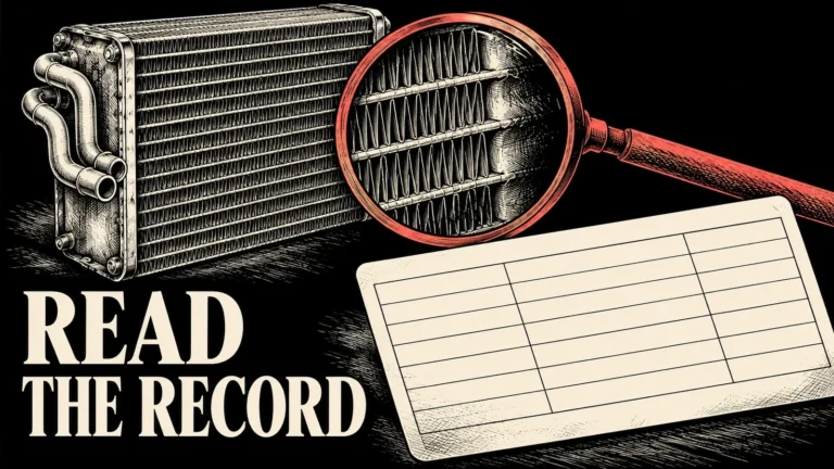 Black scratchboard engraving of generic evaporator, coral magnifier and blank record card with READ THE RECORD heading.