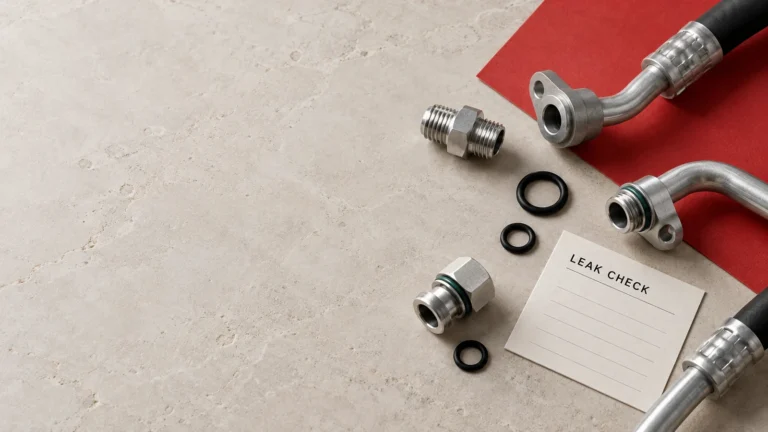 Editorial conceptual scene about AC fitting leak inspection.
