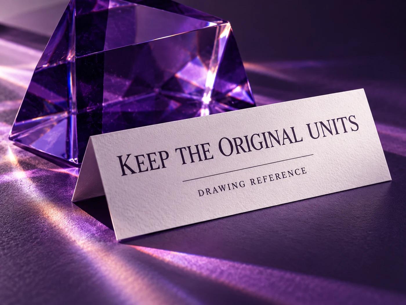 Violet glass prism and paper tag labelled Drawing Reference beneath Keep the Original Units.
