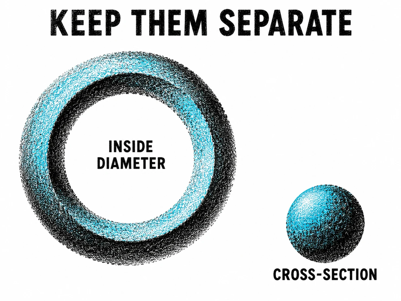 Black and cyan stippled ring and separate circular motif labelled Inside Diameter and Cross-Section.