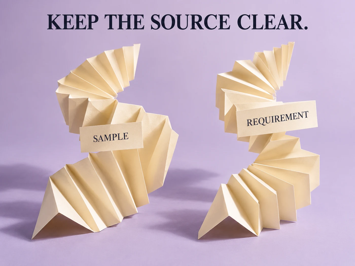 Cream folded paper ribbons labelled Sample and Requirement beneath Keep the Source Clear.