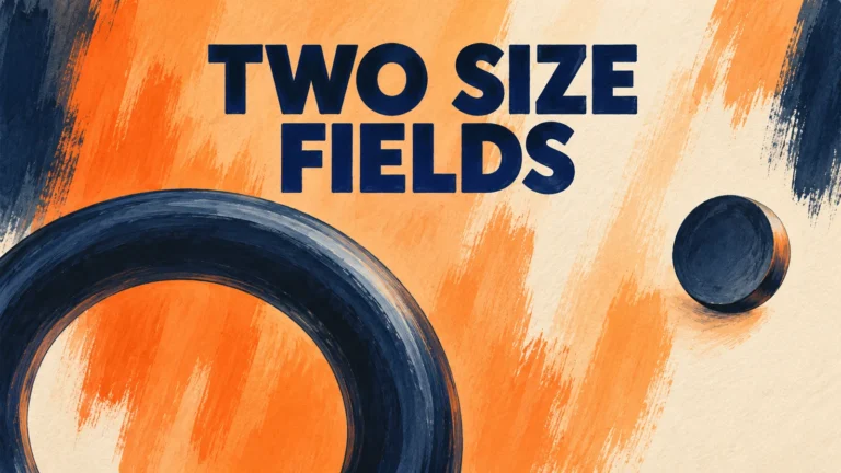 Peach orange and navy gouache ring and separate circular motif beneath Two Size Fields.