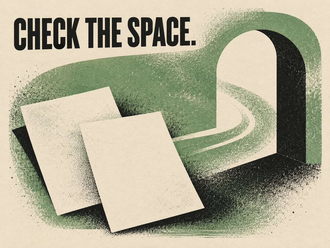 Sage and black lithographic blank document sheets and an abstract arch beneath Check the Space.