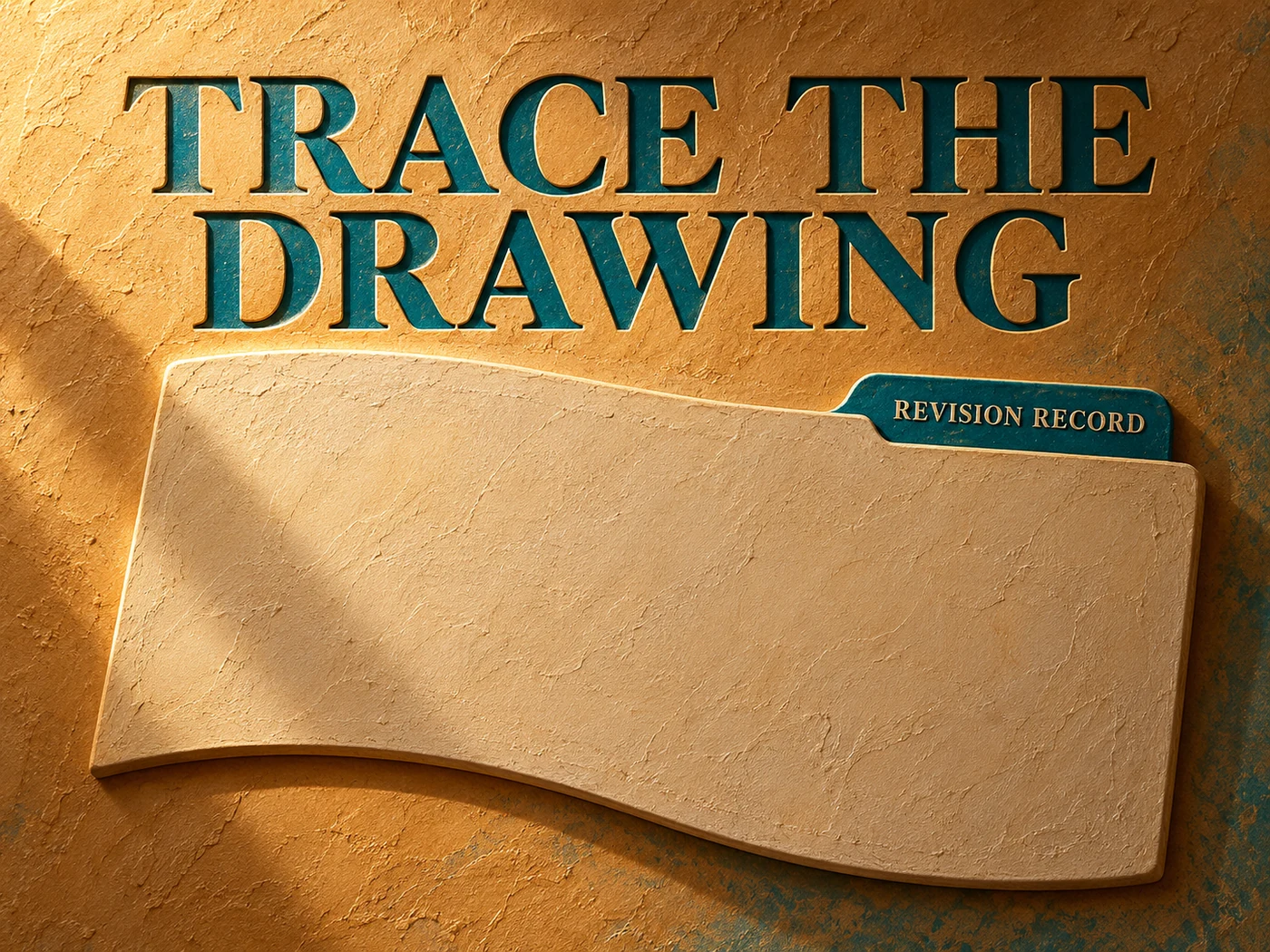 Ochre plaster document relief with a teal Revision Record tab beneath Trace the Drawing.
