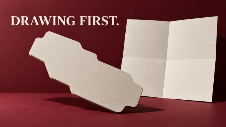 Burgundy and ivory cardboard relief of a generic blank plate silhouette and folded document beneath Drawing First.