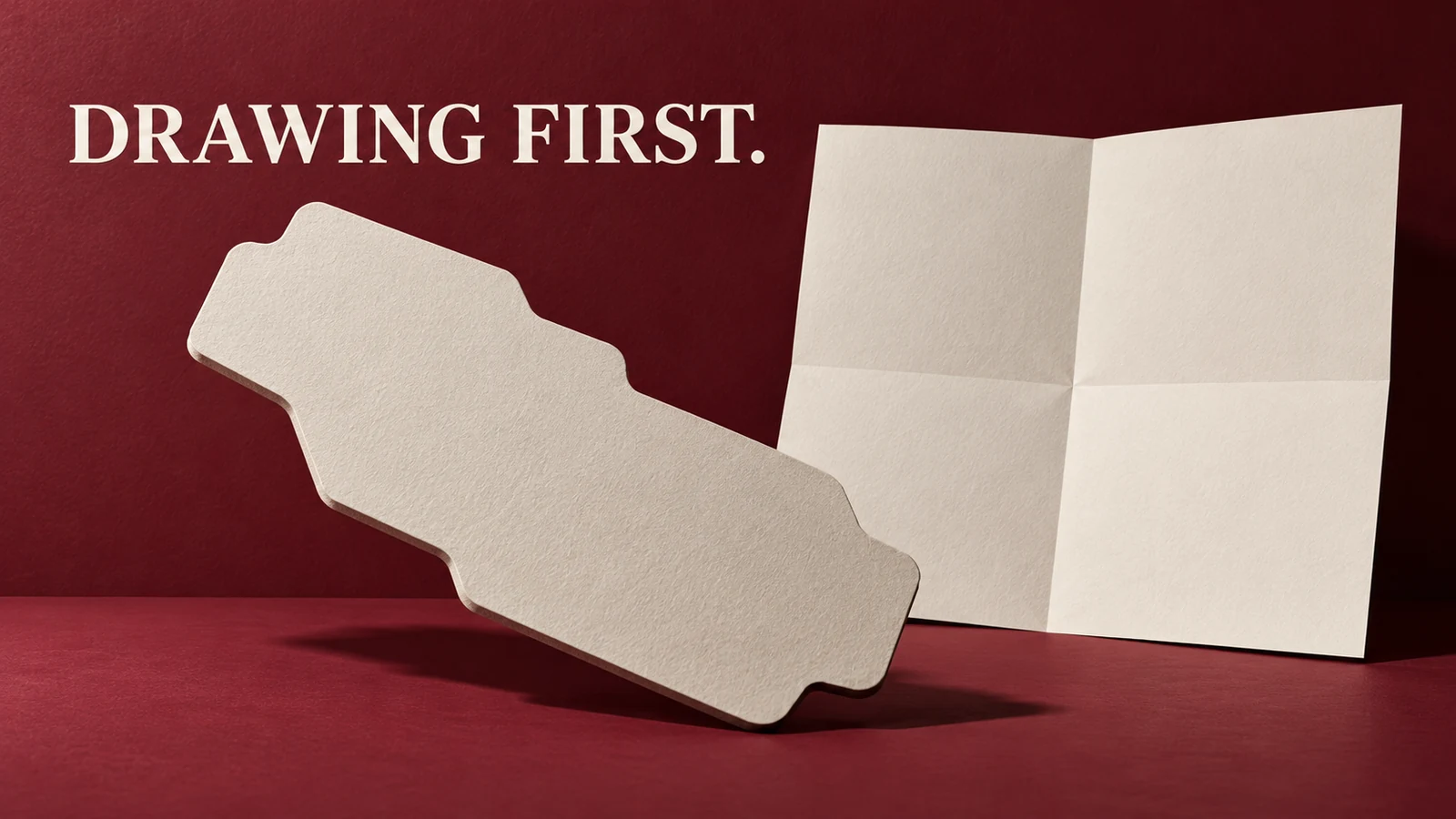 Burgundy and ivory cardboard relief of a generic blank plate silhouette and folded document beneath Drawing First.