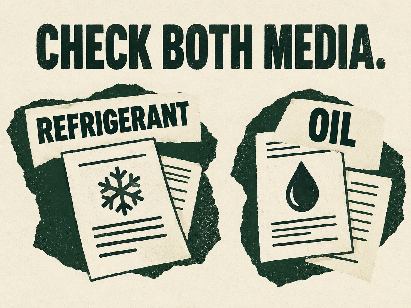 Forest and cream screenprint paper forms with separate Refrigerant and Oil labels beneath Check Both Media.