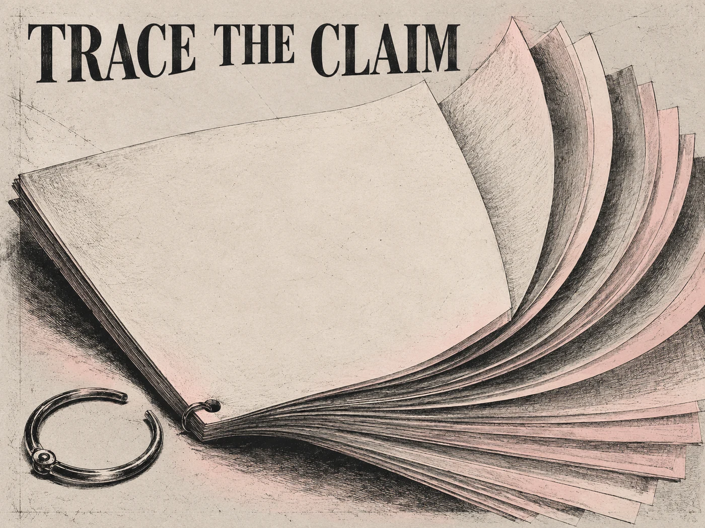 Black and pale pink drypoint-style blank document fan and generic ring beneath Trace the Claim.