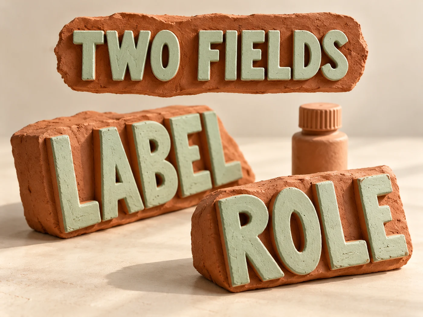 Terracotta and pale mint clay words Label and Role beneath Two Fields.