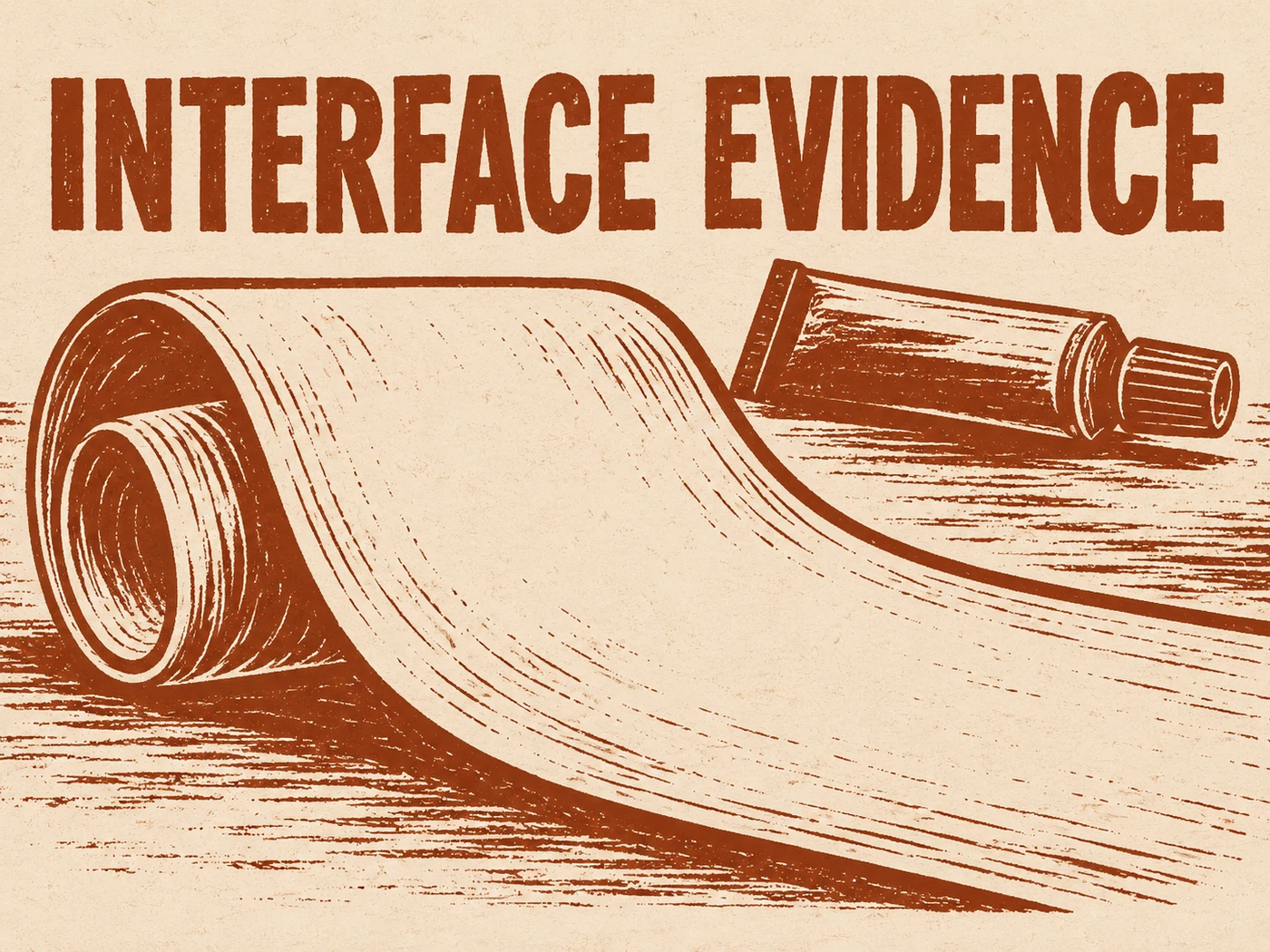 Terracotta ink linocut illustration of a blank rolled document and generic capped fitting beneath Interface Evidence.