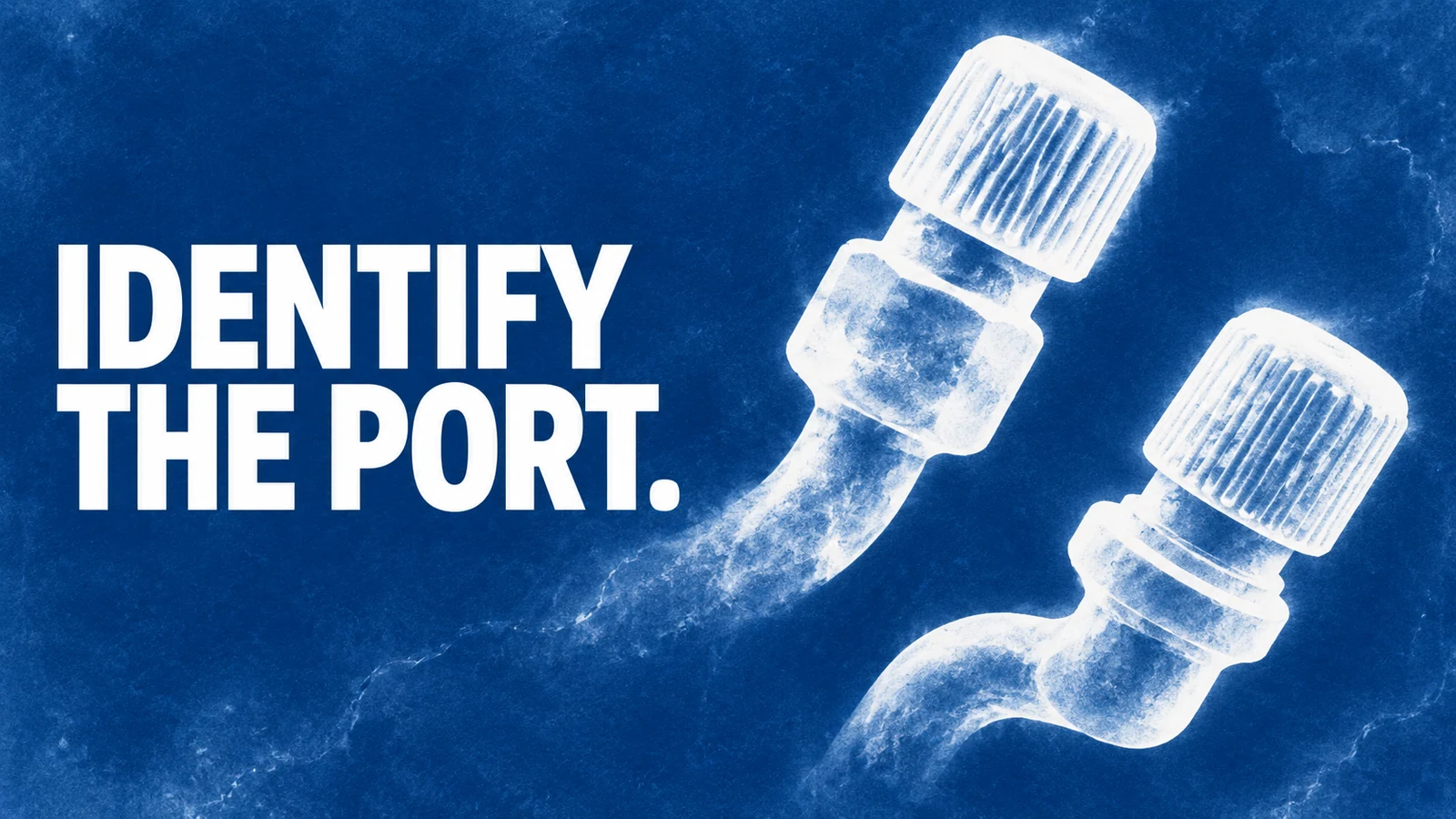 Cobalt cyanotype-style generic capped fitting silhouettes beneath Identify the Port.