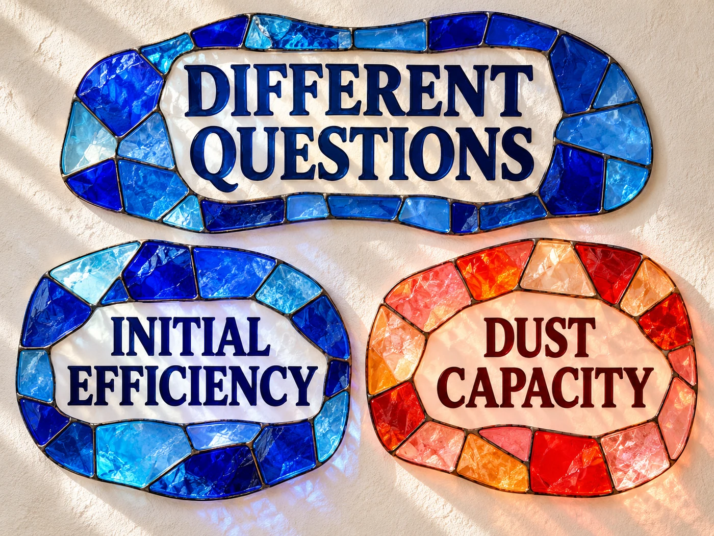 Cobalt and coral stained-glass plaques separately label Initial Efficiency and Dust Capacity.