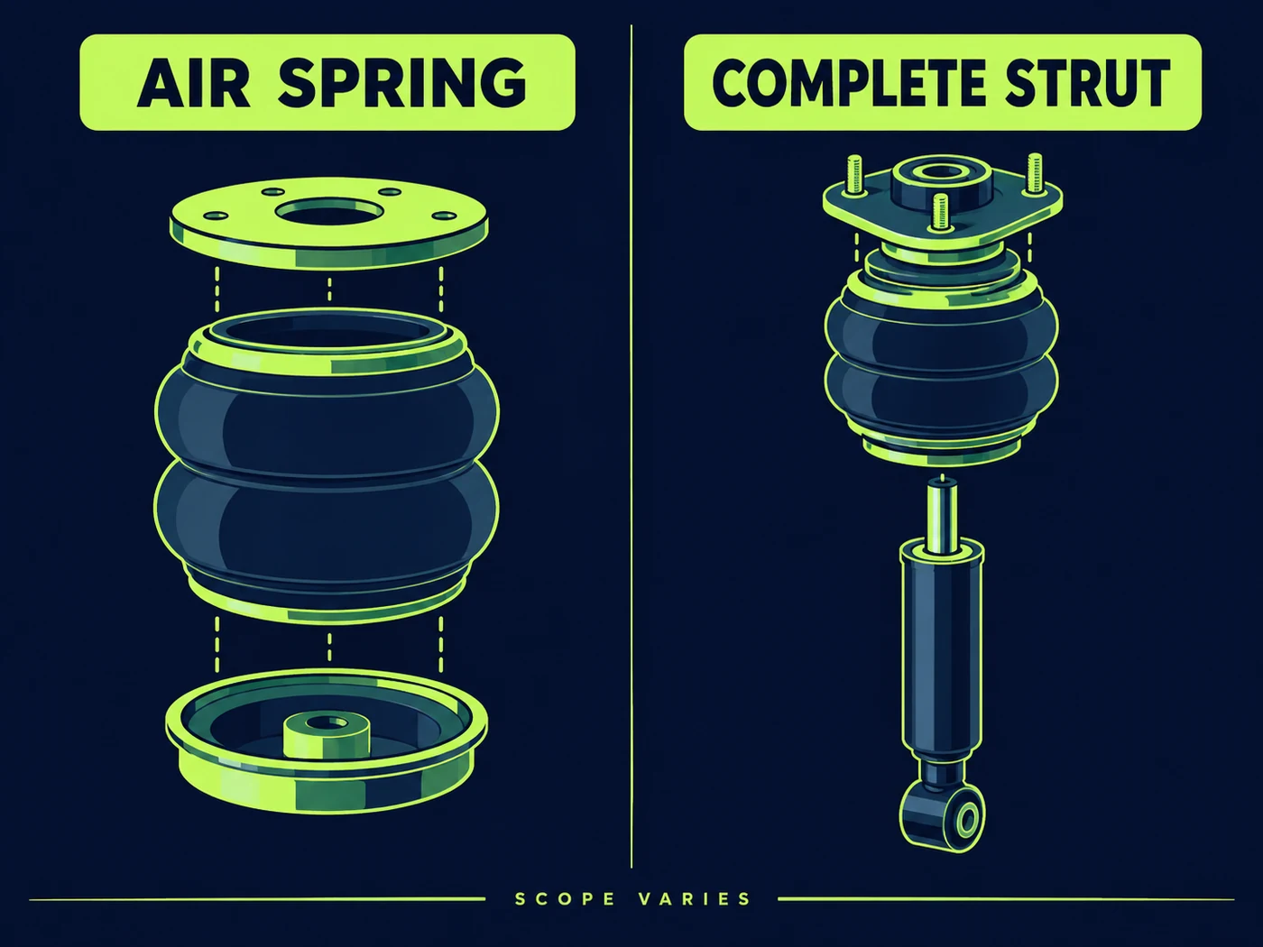Indigo and lime conceptual exploded view comparing a generic air spring with a generic complete strut.