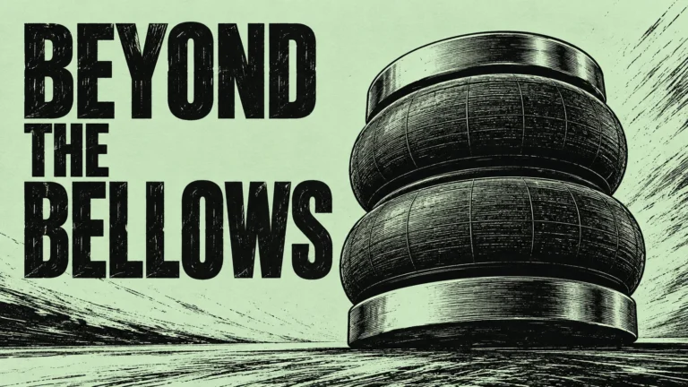 Mint green and black scratchboard editorial illustration of a generic air spring under BEYOND THE BELLOWS.