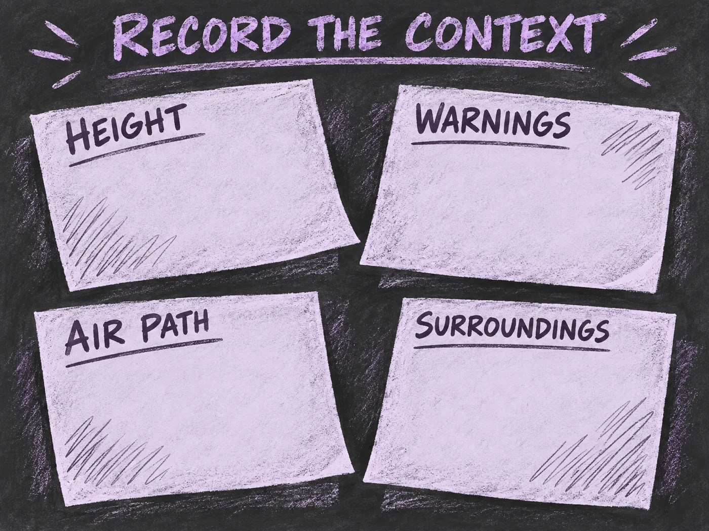 Lavender and charcoal chalk illustration of four separate observation sheets labeled HEIGHT, WARNINGS, AIR PATH and SURROUNDINGS; no system diagram or readings.