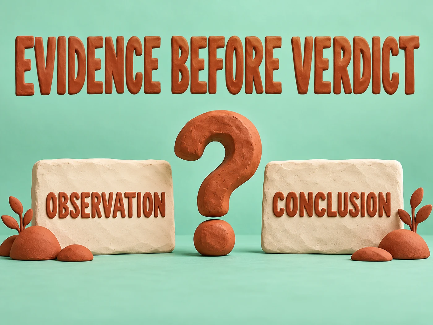 Mint and rust clay editorial sculpture of separate observation and conclusion cards connected by a question mark, labeled EVIDENCE BEFORE VERDICT.