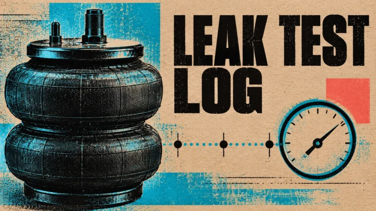 Kraft-paper and cyan risograph poster with generic air spring, unlabeled gauge and LEAK TEST LOG heading.