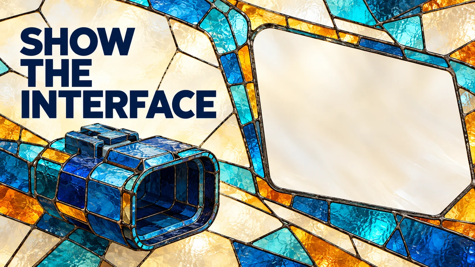 Translucent glass mosaic of a generic connector form and an empty photo window with the words Show the Interface.