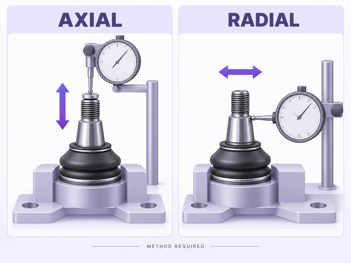 Pale-lilac conceptual diagrams labelled Axial and Radial with generic ball joints and unnumbered gauges.