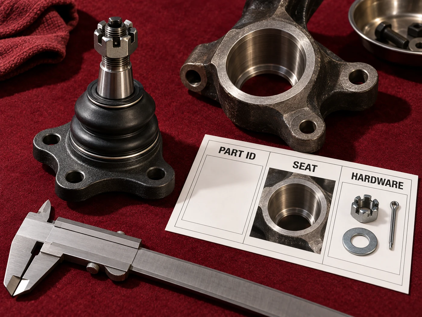 Burgundy workshop flat lay with separate generic ball joint, bore sample, closed caliper and blank Part ID, Seat and Hardware inspection card.