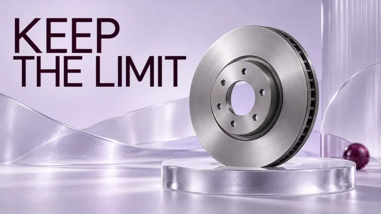 Pale-lilac frosted-glass editorial scene with a generic unmarked silver brake disc on a translucent plinth and KEEP THE LIMIT headline.