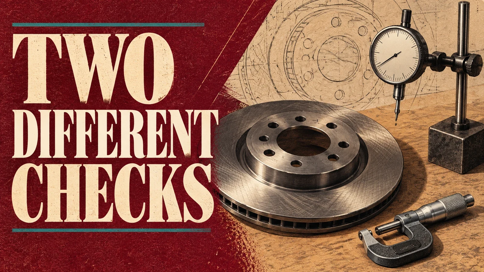 Burgundy cream letterpress scene with generic rotor and separate measuring instruments, TWO DIFFERENT CHECKS headline.