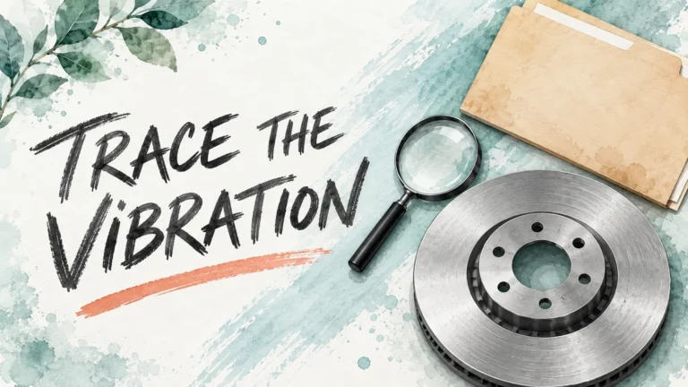 Mint watercolor evidence desk with generic brake disc, folder and magnifying glass, TRACE THE VIBRATION headline.