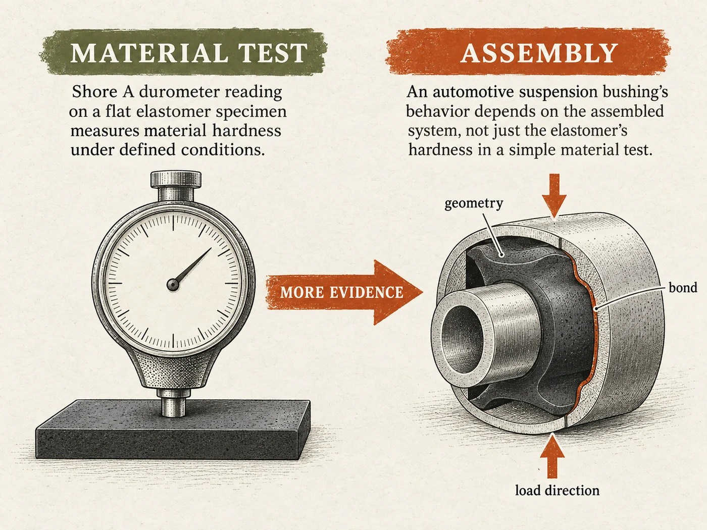Ivory technical illustration comparing a generic Shore A specimen test with the assembled bushing, including geometry, bond and load-direction labels.