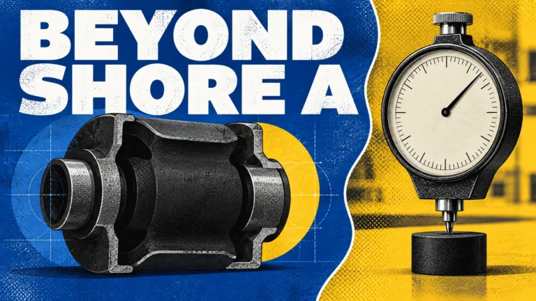 Cobalt-blue and yellow editorial poster with generic bushing cross section, unnumbered durometer and Beyond Shore A lettering.