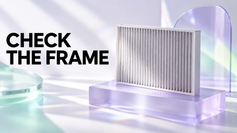 Generic cabin-filter silhouette beside an abstract clear panel on lavender frosted acrylic with Check the Frame.