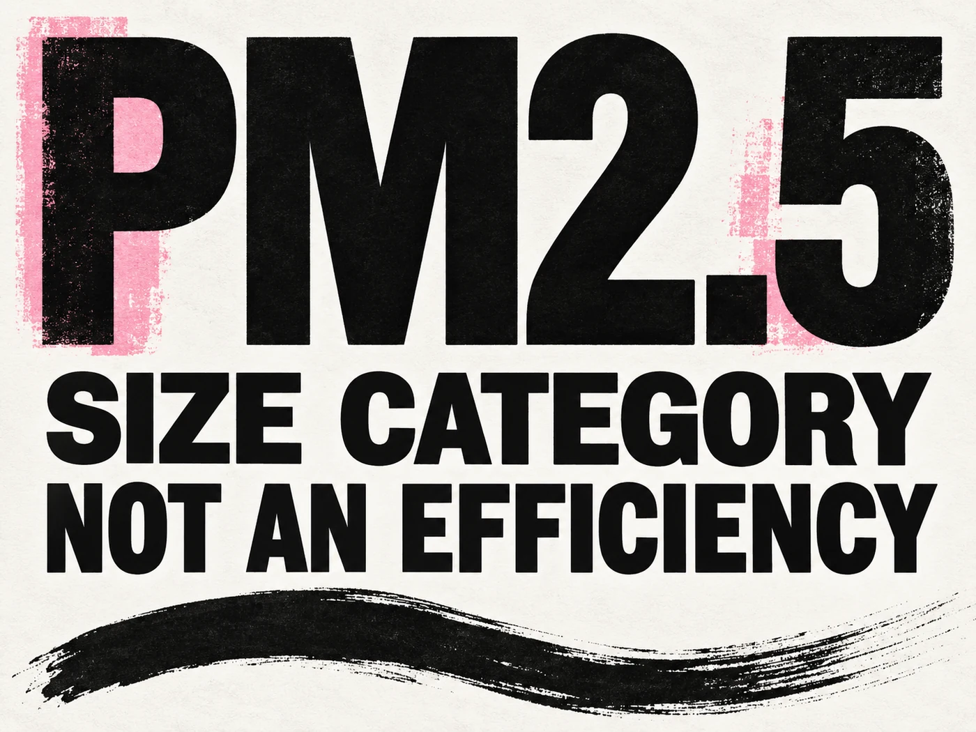 Black and pink letterpress reads PM2.5, Size Category and Not an Efficiency.