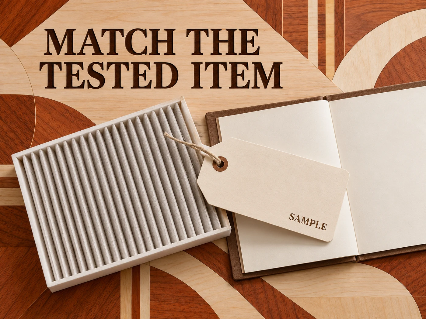 Terracotta and ivory marquetry shows a generic filter, Sample tag and blank folio beneath Match the Tested Item.