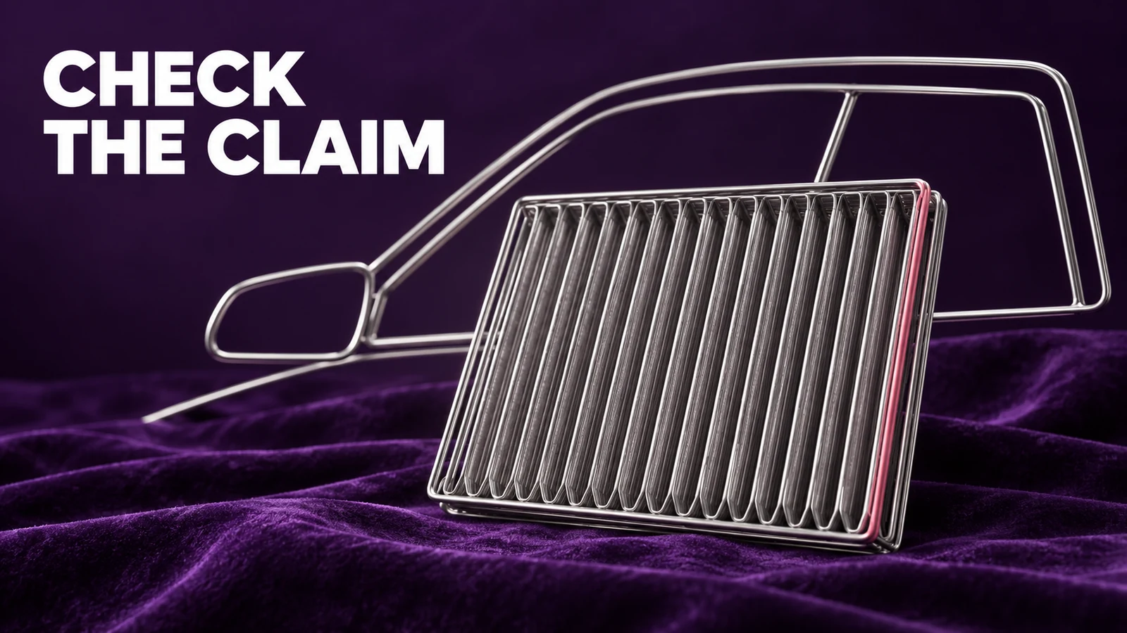 Silver wire sculpture of a generic cabin filter and abstract car-window outline on violet velvet beneath Check the Claim.