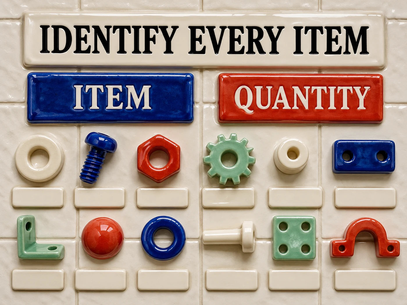 Conceptual ceramic Item and Quantity tiles beside blank component records.