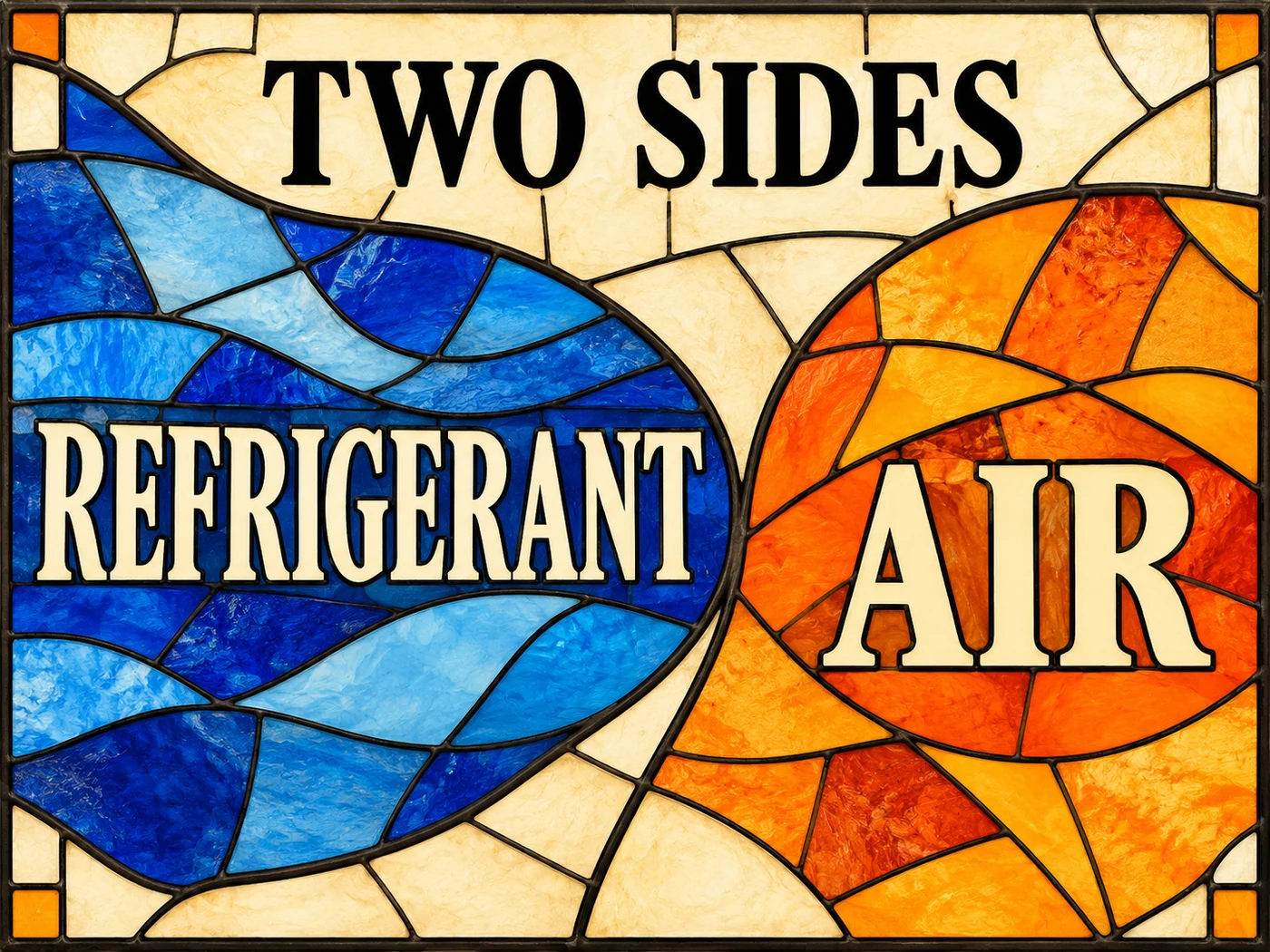 Cream cobalt and orange stained-glass panes identify Refrigerant and Air beneath Two Sides.