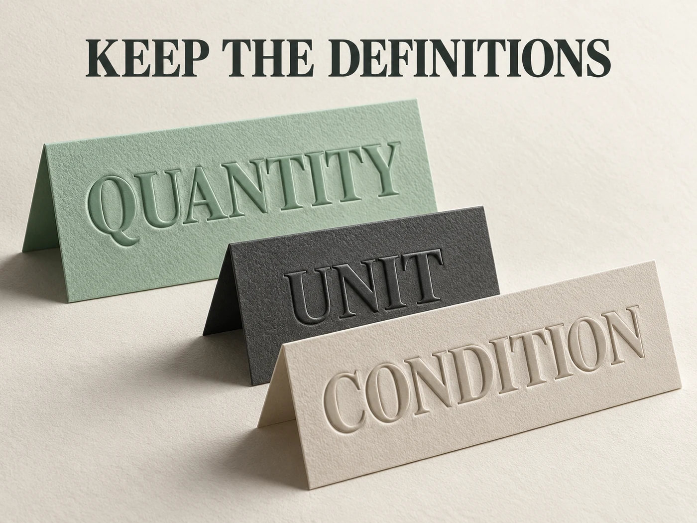 Mint charcoal embossed paper cards identify Quantity, Unit and Condition beneath Keep the Definitions.