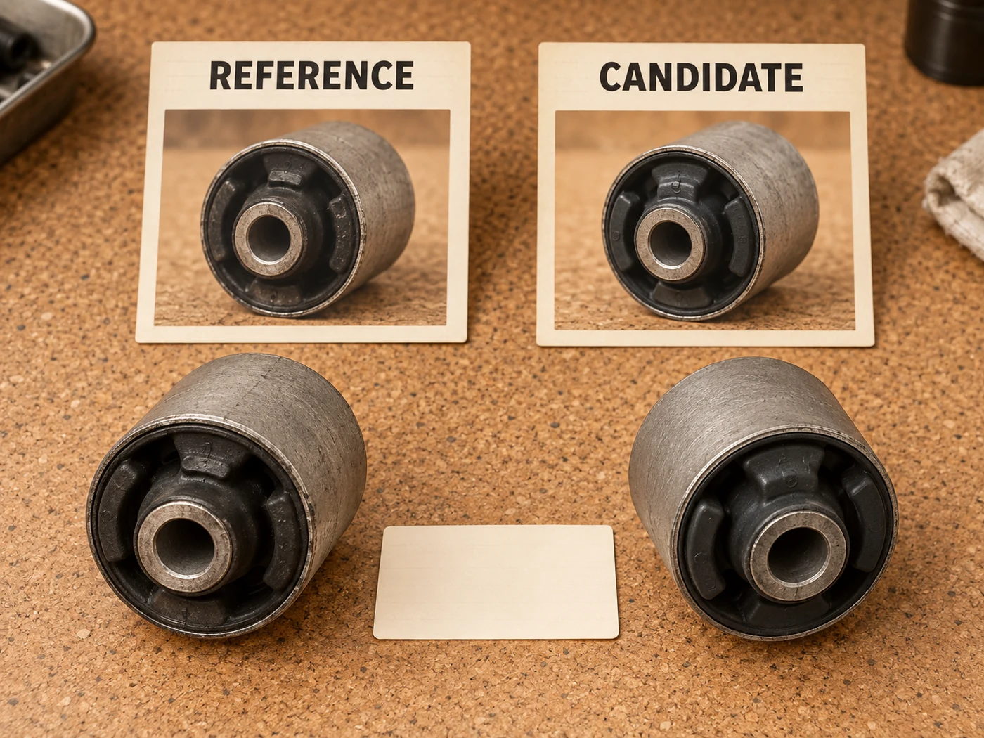 Warm-sepia side-by-side generic bushing reference and candidate photo cards.