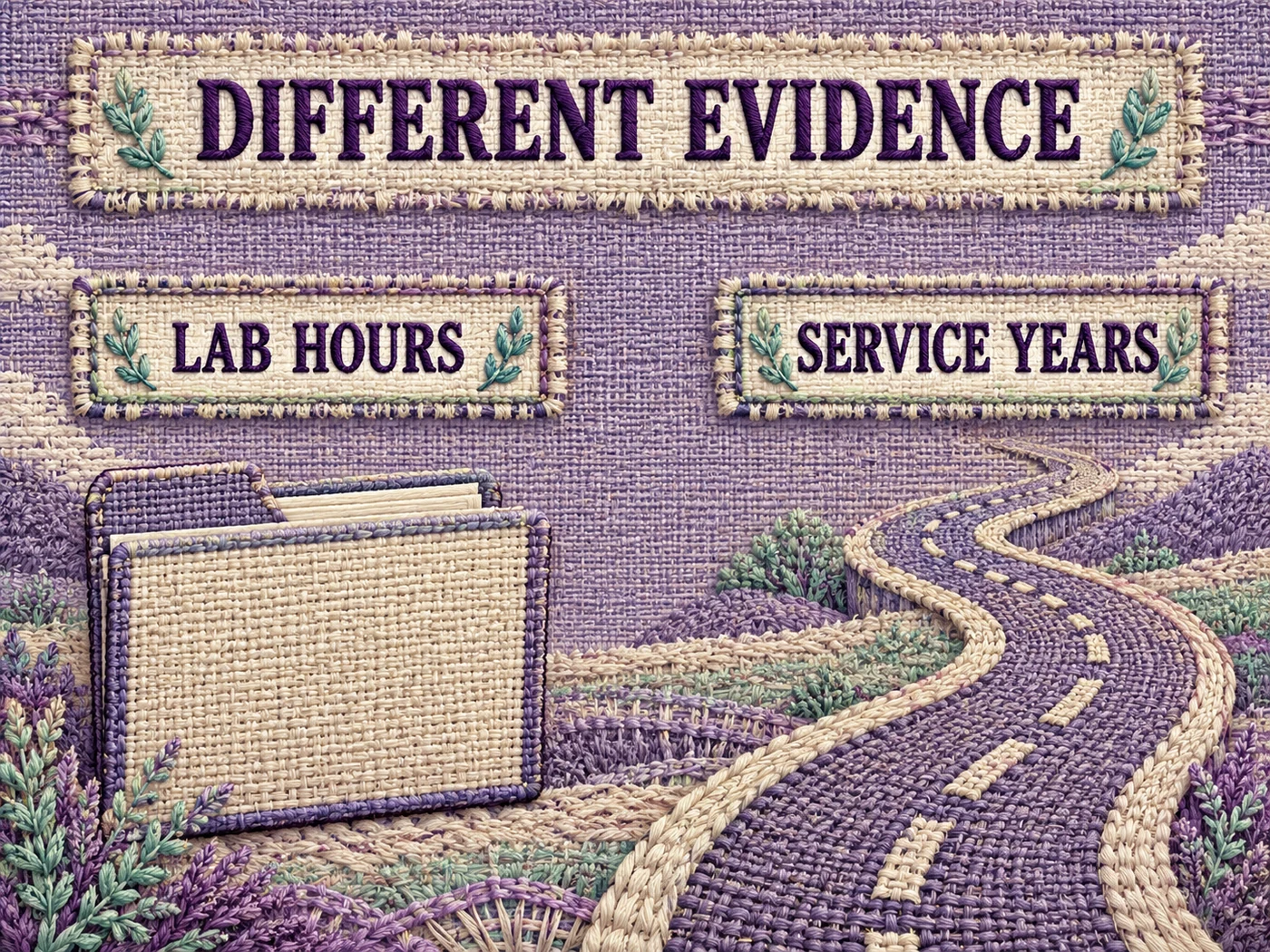 Lavender and cream woven labels distinguish Lab Hours from Service Years under Different Evidence.