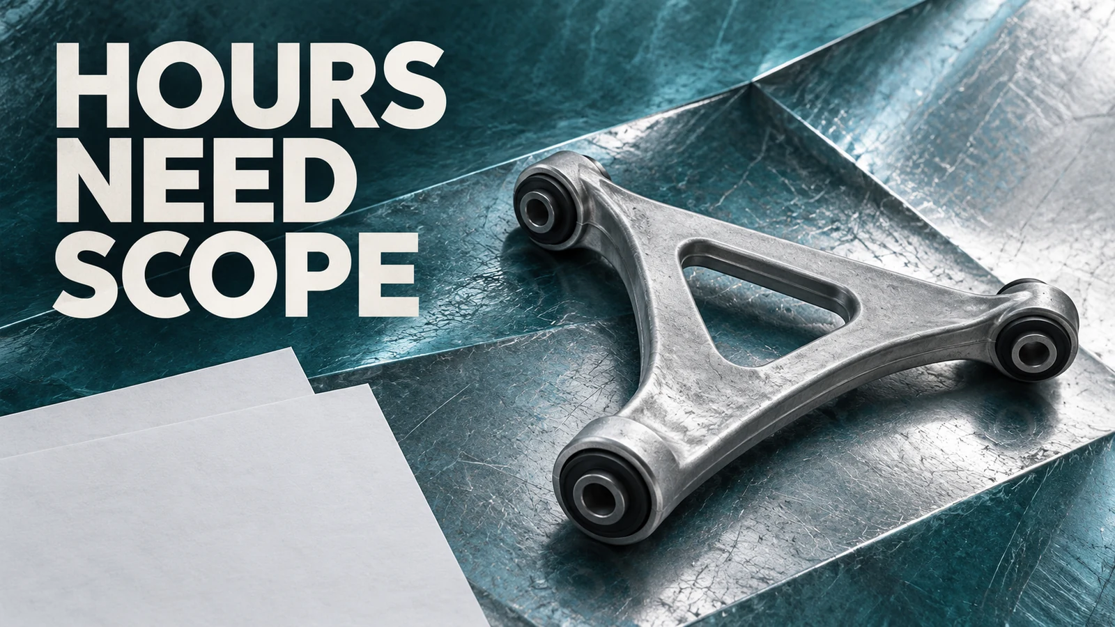 Teal and silver textured-metal scene with a generic triangular control arm, blank sheets and Hours Need Scope lettering.