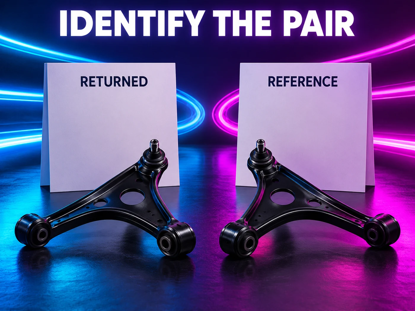 Two generic control arms beside blank Returned and Reference folders; no actual sample or dimensions.